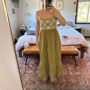 Crochet and Embellished Halter Maxi Dress with Open Back in Olive Green